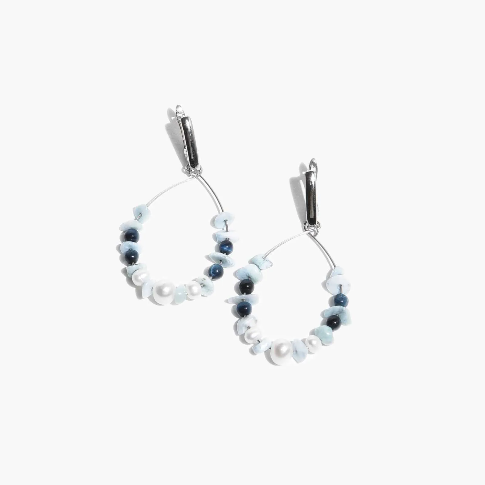 Серьги с жемчугом, ларимаром и тигровым глазом